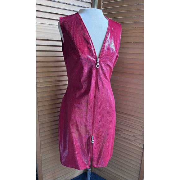 Vintage Caché Red ZIP Front Sexy mini DRESS Python Snake Feel M - Picture 1 of 10